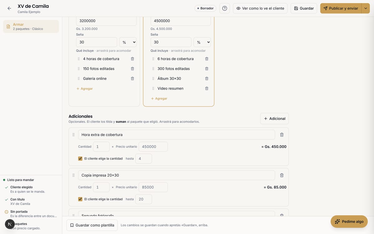 Los adicionales «Hora extra de cobertura» y «Copia impresa 20×30» con su cantidad, su precio unitario y el total calculado al costado.