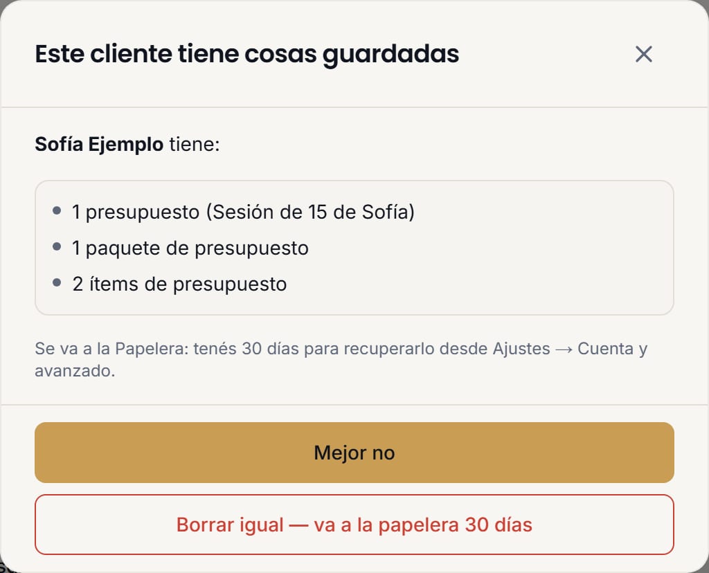 El aviso previo al borrado, con la lista de lo que se va con el cliente y la frase «Se va a la Papelera: tenés 30 días para recuperarlo».