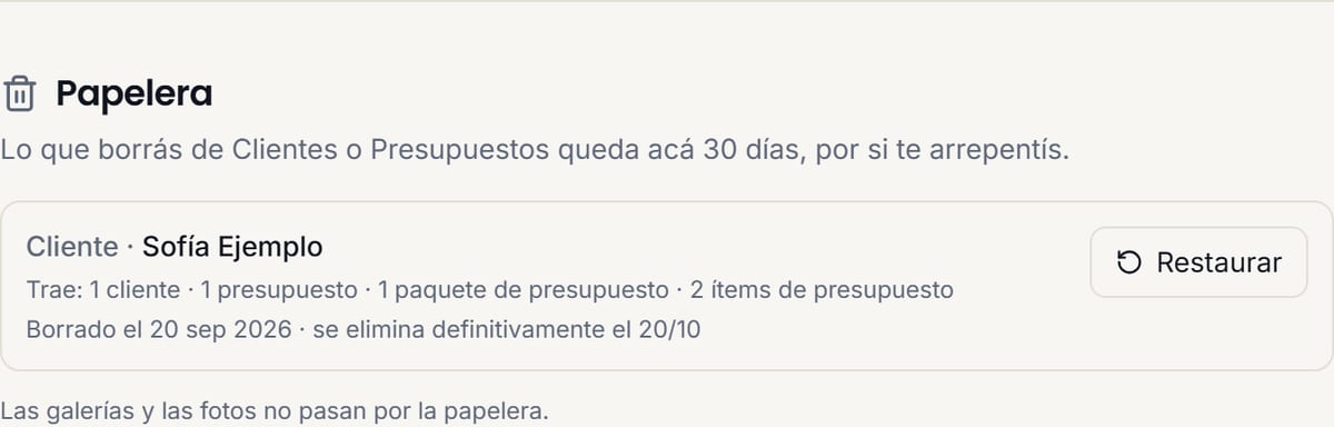 La sección Papelera en Ajustes, con el cliente borrado, lo que trae con él, la fecha de borrado y un botón «Restaurar».