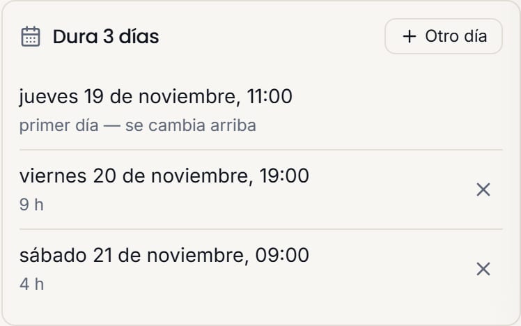 El bloque «Dura 3 días» con el primer día marcado como tal y los otros dos con su hora y su cantidad de horas.