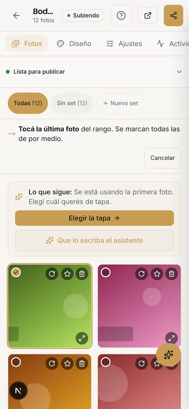 La misma galería en un celular, con la instrucción «Tocá la última foto del rango» ocupando toda la barra y un botón Cancelar.