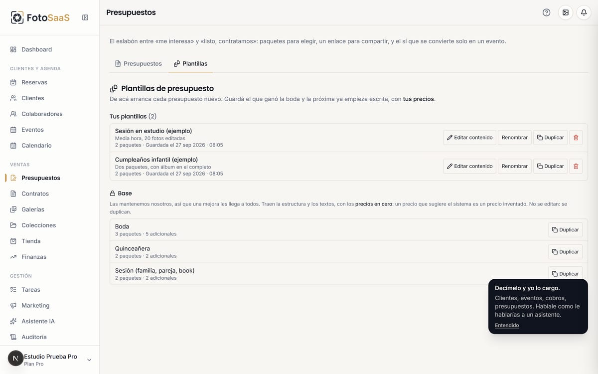 La lista de plantillas: «Sesión en estudio (ejemplo)» y «Cumpleaños infantil (ejemplo)», cada una con Editar contenido, Renombrar y Duplicar.