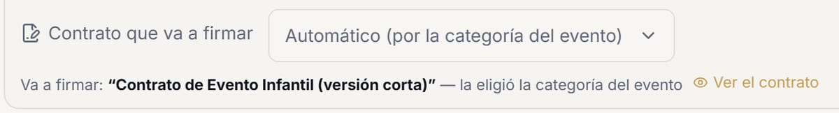 La sección «Contrato que va a firmar» de un presupuesto titulado «Cumpleaños Infantil 1 Año», que muestra «Va a firmar: Contrato de Evento Infantil (versión corta)».