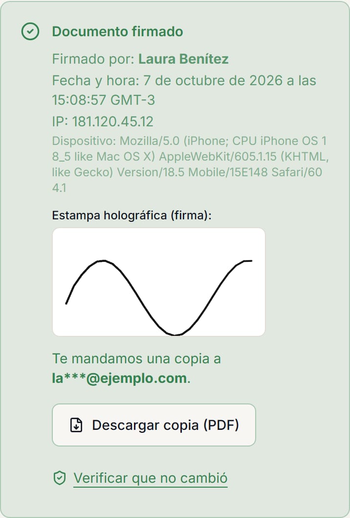 La pantalla que ve el cliente después de firmar: quién firmó, cuándo, desde qué IP y dispositivo, la firma, a qué correo salió la copia y el botón para descargarla en PDF.