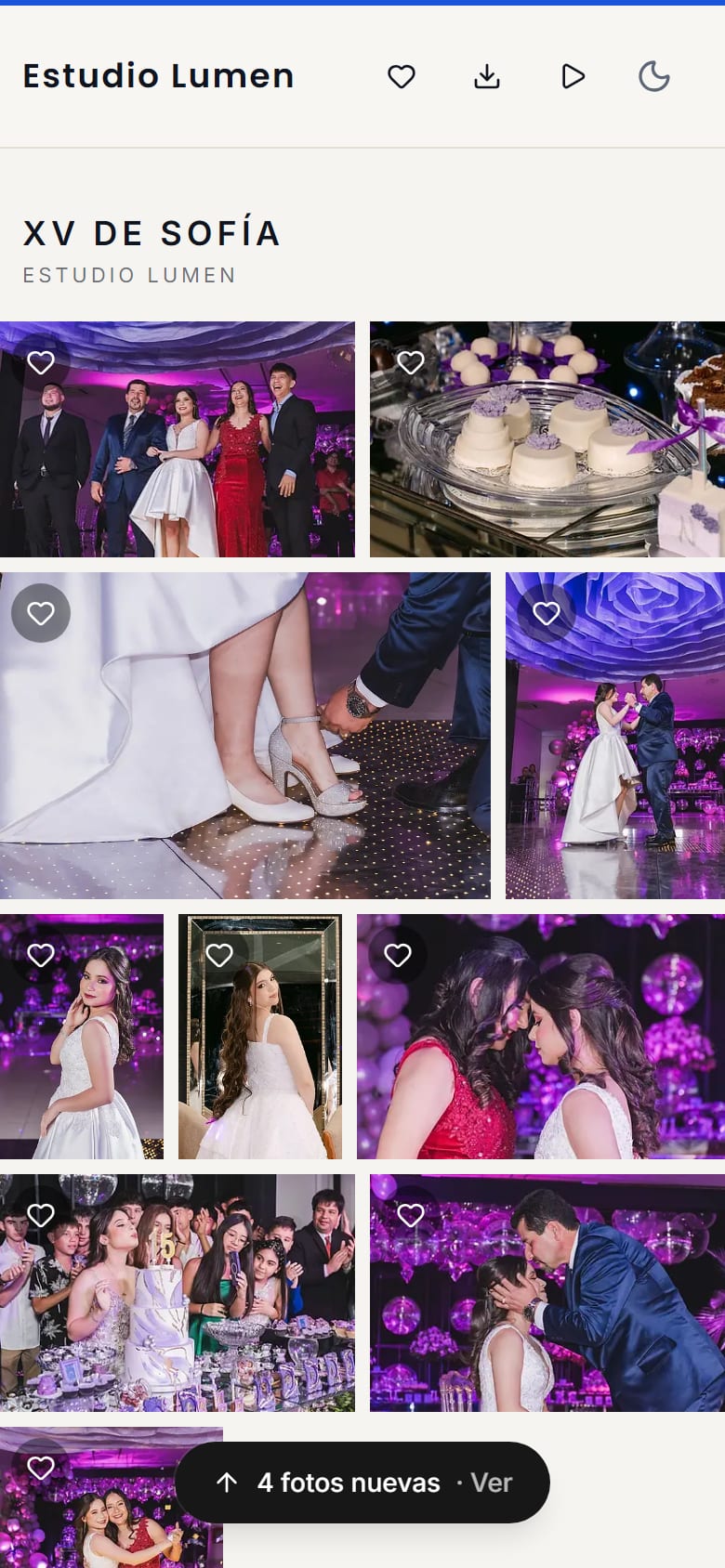 La galería en el celular de un invitado con el aviso «4 fotos nuevas · Ver» flotando abajo.