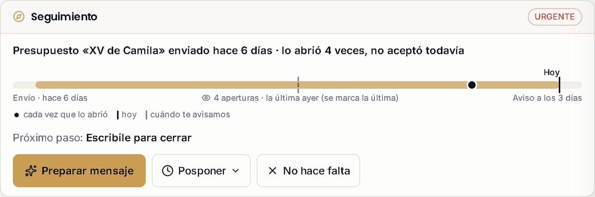 La tarjeta Seguimiento arriba del Resumen de la ficha, con el estado del presupuesto en una línea, la línea de tiempo desde el envío hasta hoy y el próximo paso.