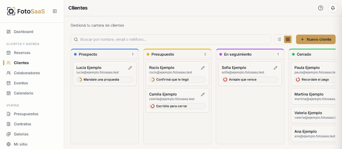 El tablero de Clientes con un chip en cada tarjeta que dice el próximo paso de ese cliente.