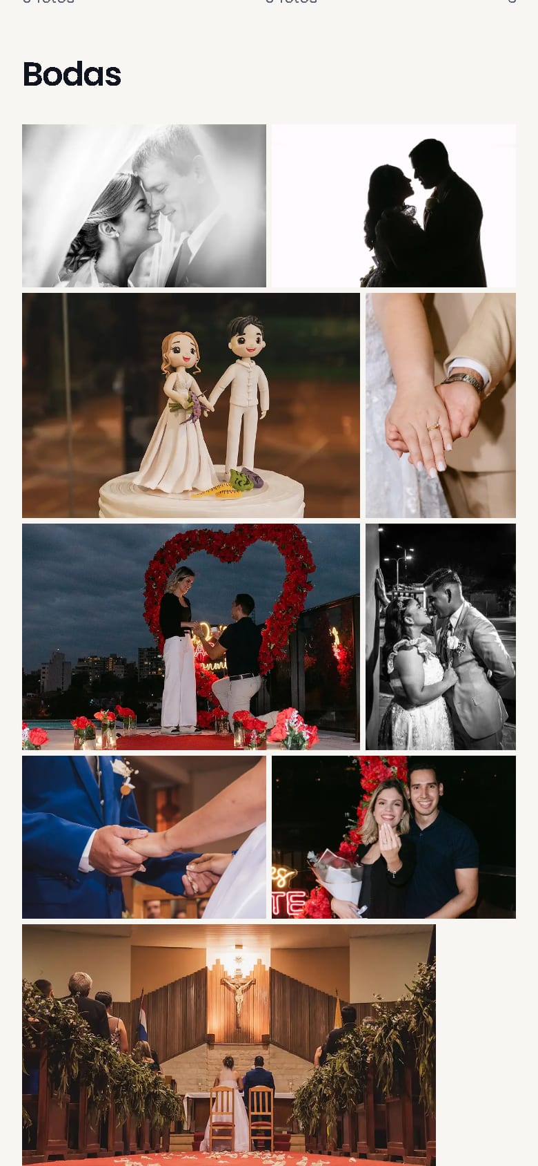 La sección Bodas del portfolio en el celular: fotos de novios, anillos, una pedida de mano y una ceremonia en la iglesia, en filas que respetan si cada foto es vertical u horizontal.