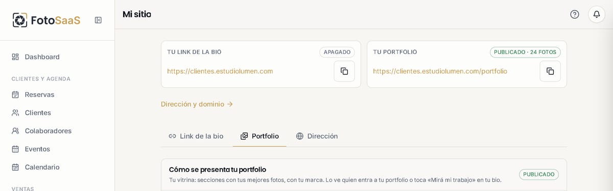 La pantalla Mi sitio en la compu: arriba las dos direcciones, la del link de la bio y la del portfolio, cada una con su estado, y abajo las pestañas Link de la bio, Portfolio y Dirección.