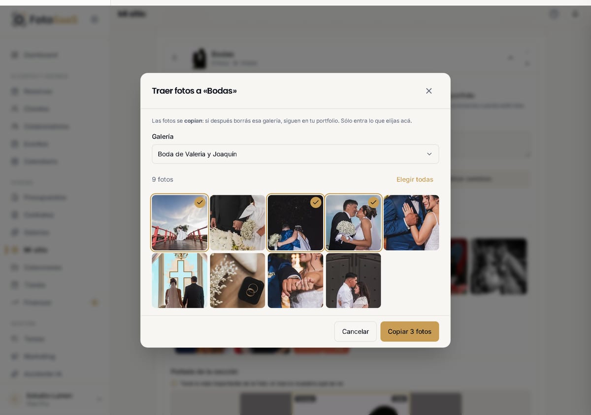 La ventana Traer fotos a «Bodas»: el aviso de que las fotos se copian, el selector de galería y las fotos de esa galería para elegir.