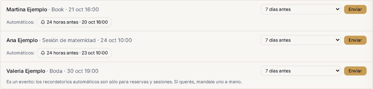 Recordatorios de tus próximos eventos: las sesiones muestran sus recordatorios automáticos y la boda dice que es un evento, con el botón Enviar para mandarle uno a mano.