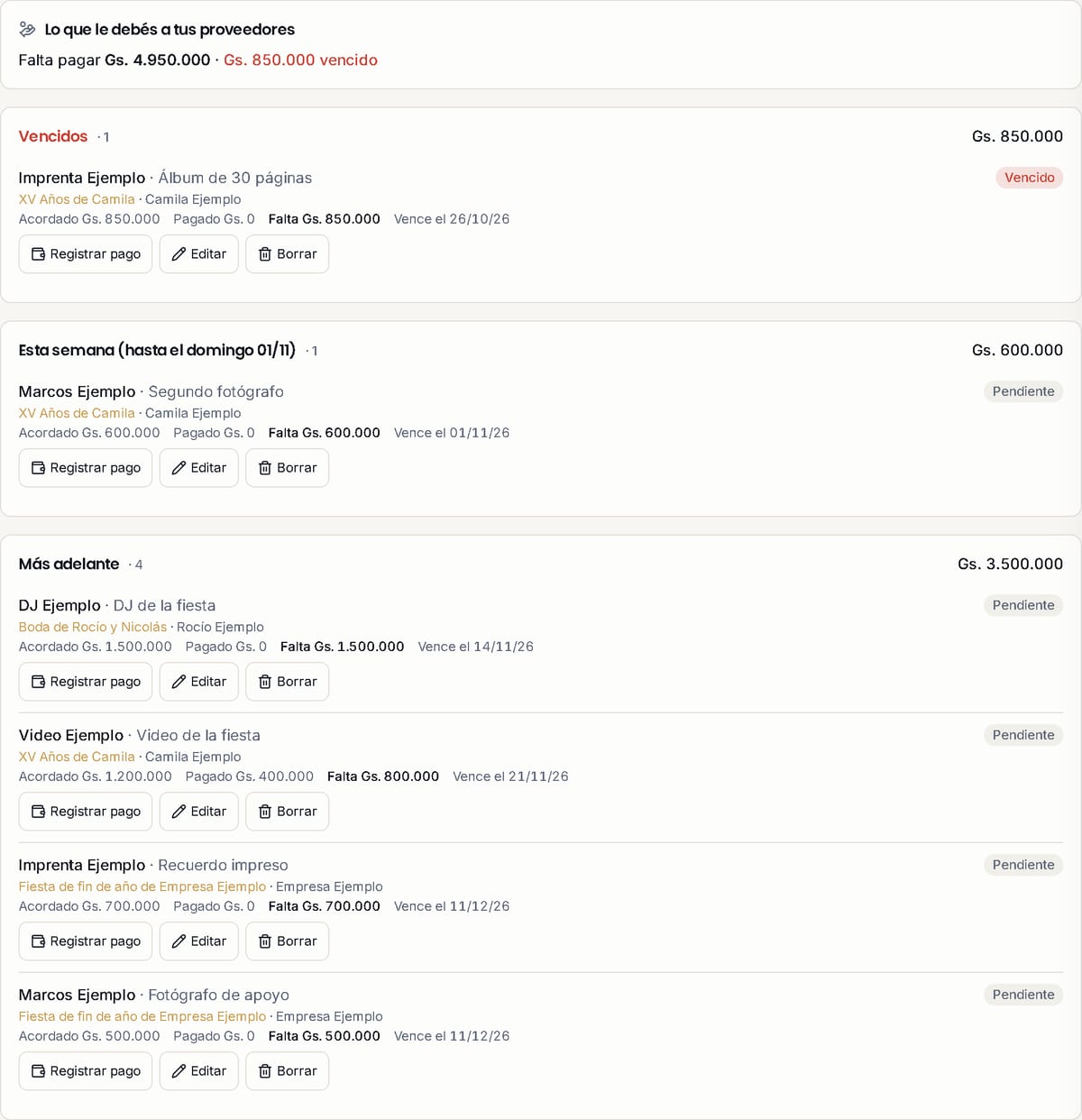 Finanzas, pestaña A pagar: un total de lo que falta pagar, y las deudas agrupadas por vencimiento, cada una con el proveedor, el concepto, el evento y lo que falta.