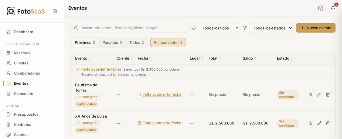 La lista de Eventos con el filtro Por completar activo y la marca Faltan datos en los eventos incompletos.