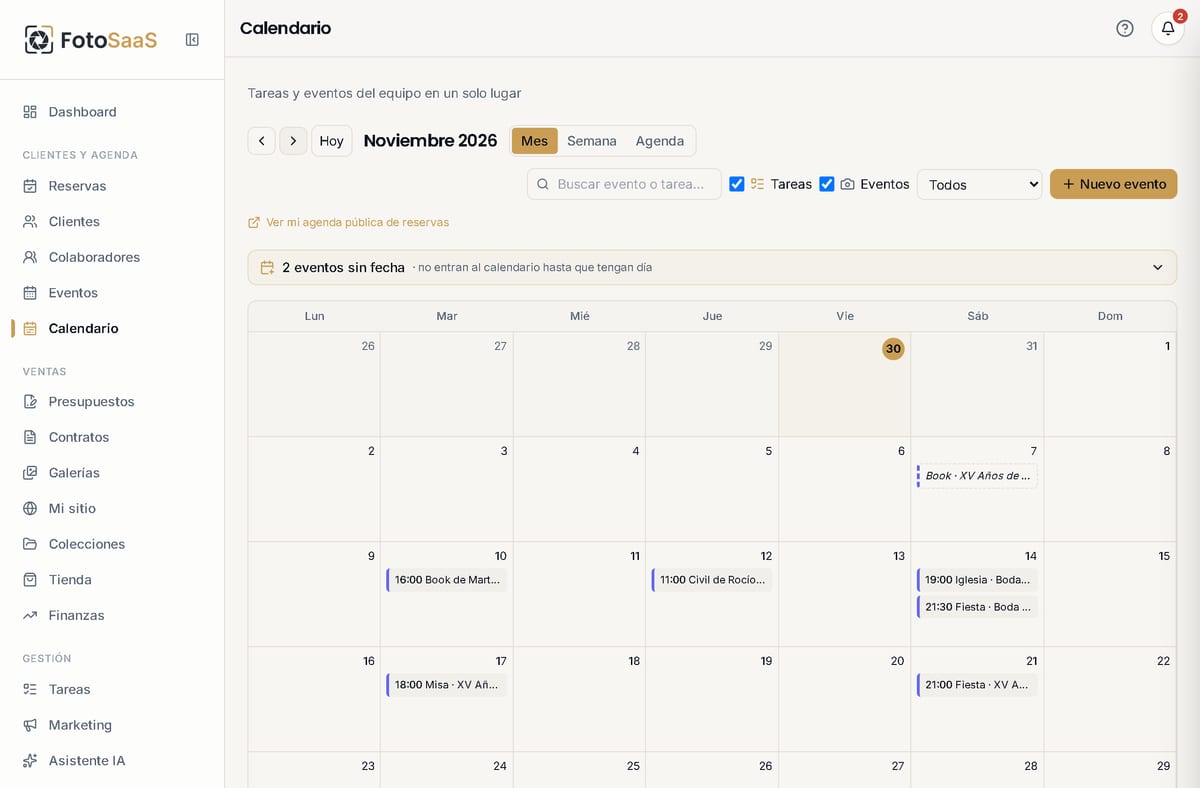 El calendario del mes: cada momento aparece en su día con su hora y su nombre delante del nombre del evento, y el que todavía no tiene hora va sin horario y en cursiva.