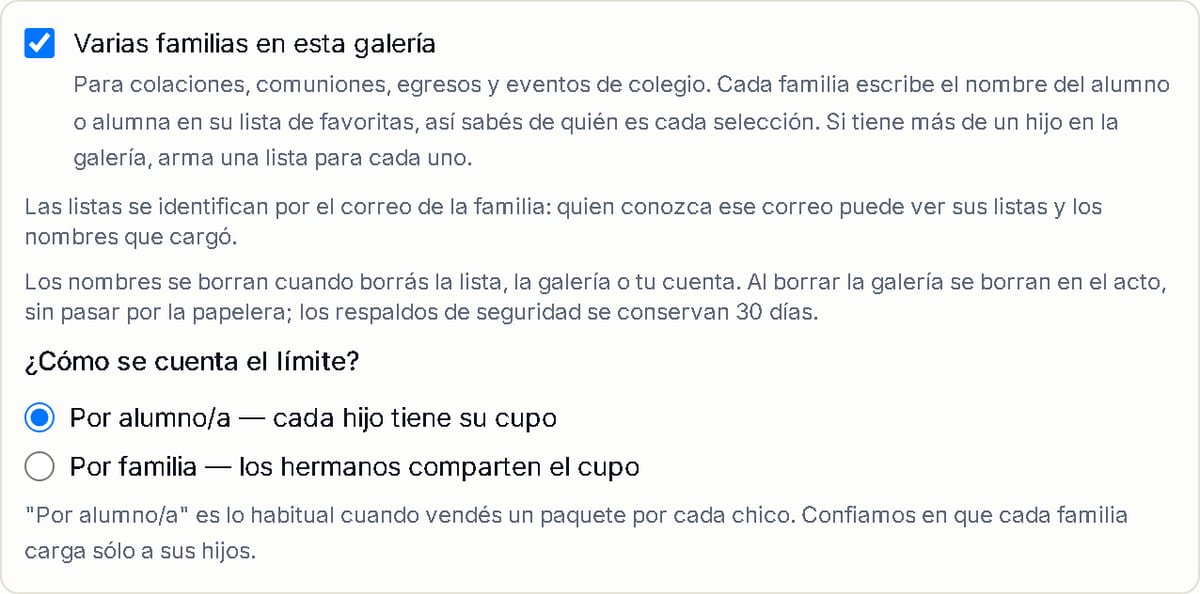 El ajuste Varias familias en esta galería, tildado, con el aviso de privacidad y la elección de contar el límite por alumno o por familia.