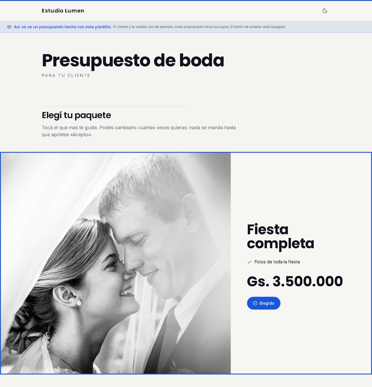 La vista previa de una plantilla de presupuesto: un ejemplo con el aviso Así se ve un presupuesto hecho con esta plantilla y el paquete Fiesta completa con su foto de novios.