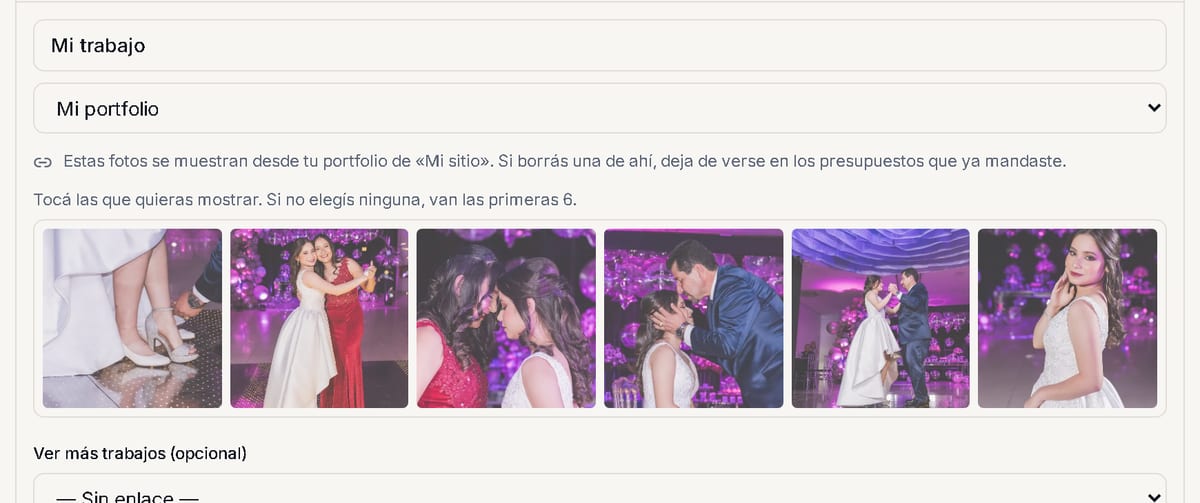 La sección Mi trabajo del editor de presupuestos con Mi portfolio elegido en el selector y el aviso de que las fotos salen del portfolio de Mi sitio.